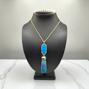 Kendra Scott Eva Aqua Blue Turquoise Beaded Tassel Pendant Long Necklace